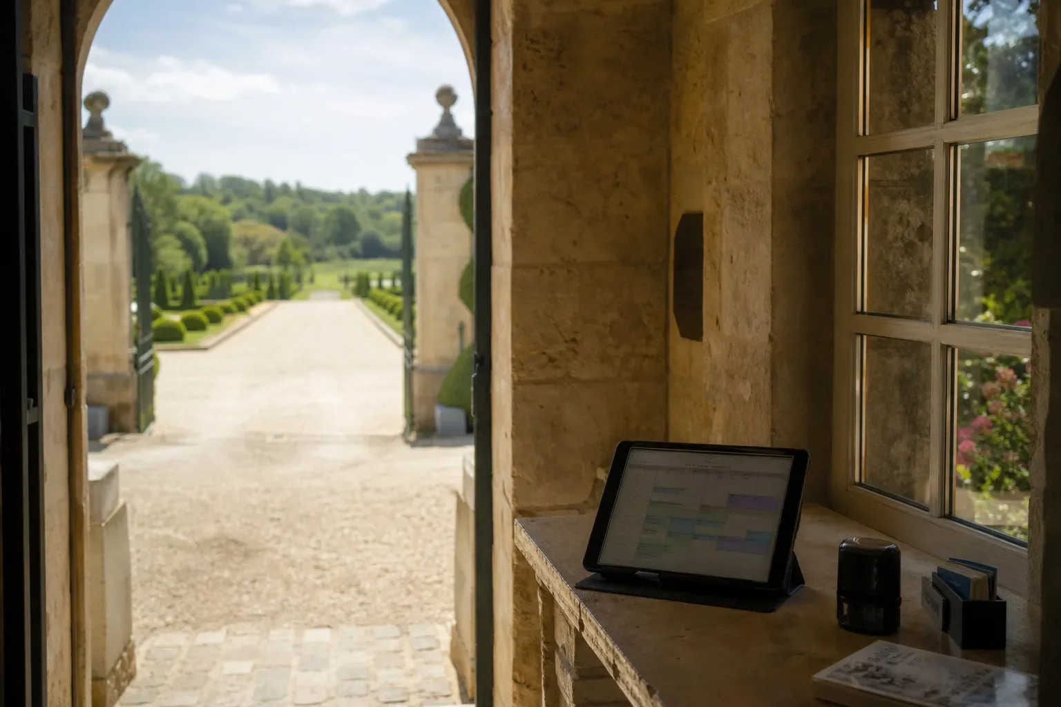 Guérite d’accueil en pierre à l’entrée d’un domaine avec une tablette numérique affichant un planning de visites