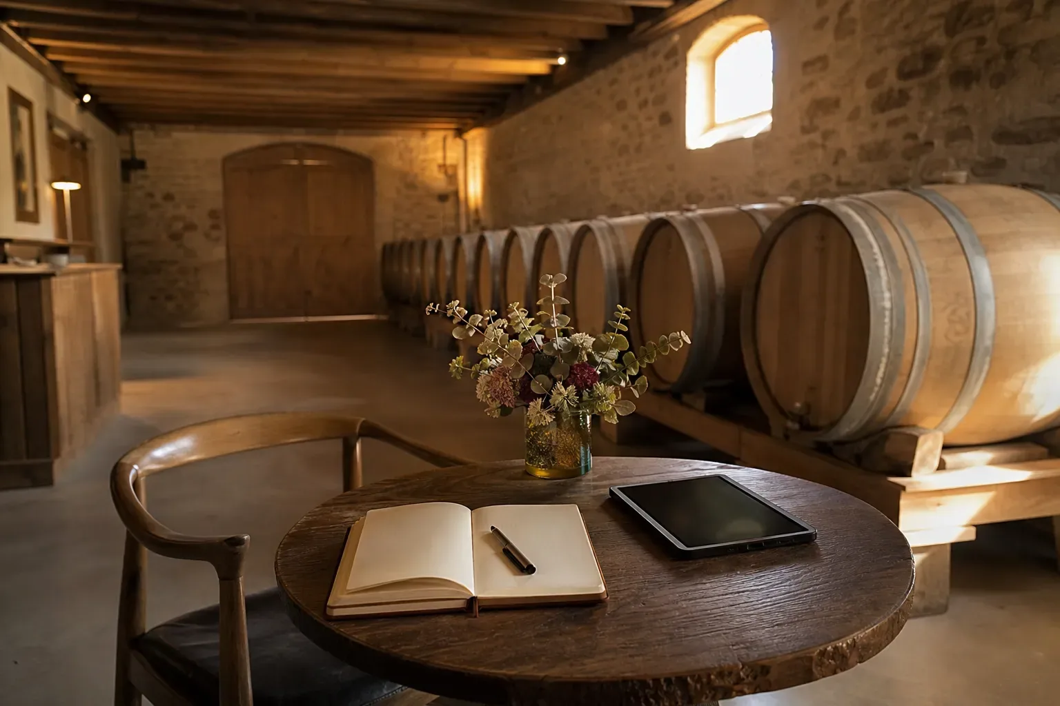 Chai à vin avec une rangée de barriques en bois et une petite table d’accueil avec un carnet de réservation