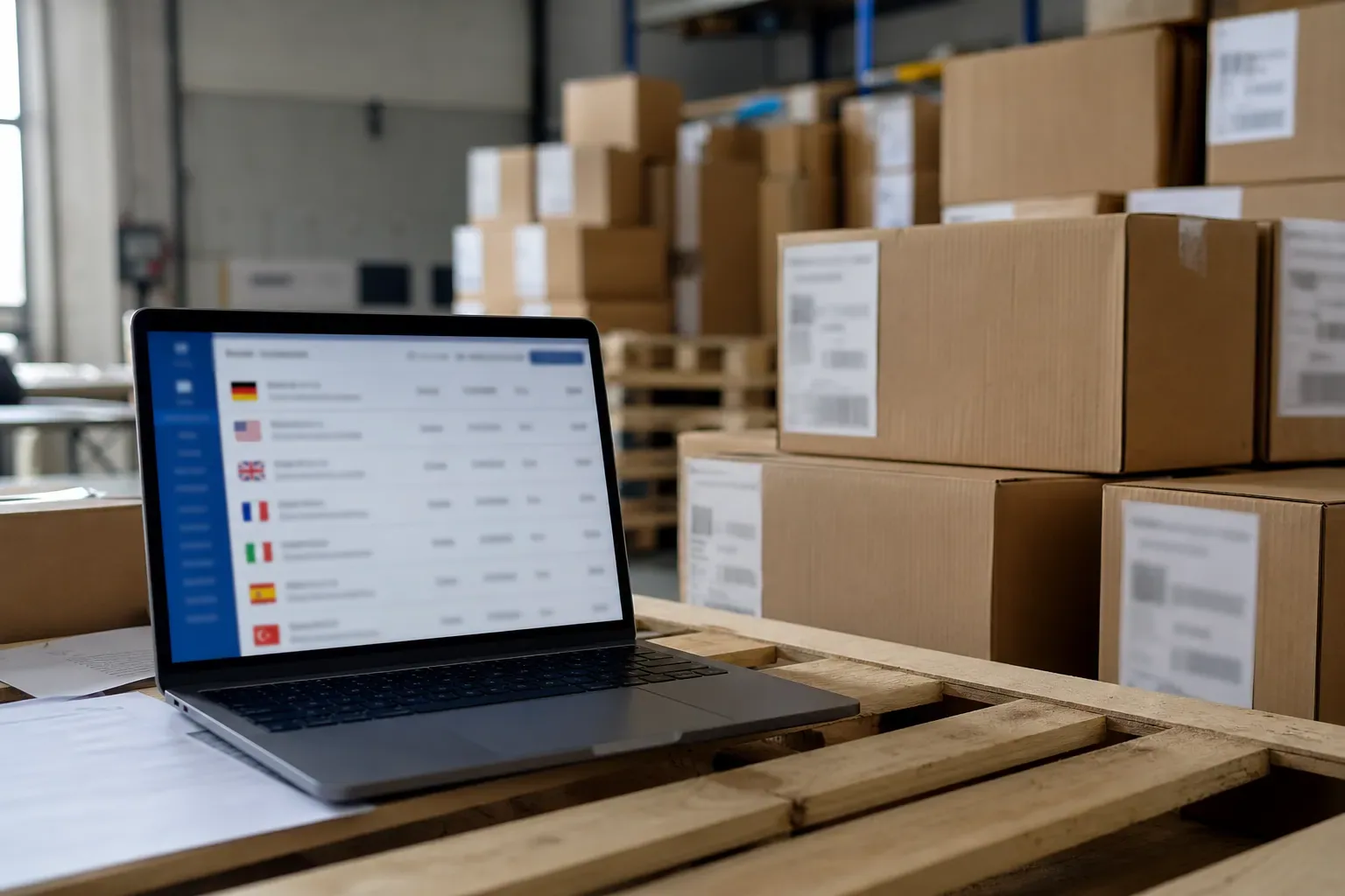 Zone d’expédition avec des cartons empilés et un ordinateur portable affichant une liste de commandes internationales
