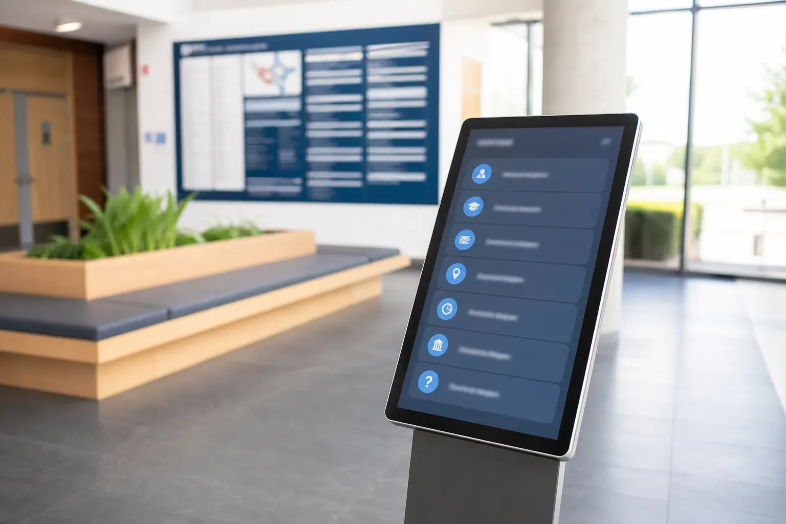 Hall d’accueil d’un établissement d’enseignement supérieur avec une borne tactile affichant un menu de questions fréquentes
