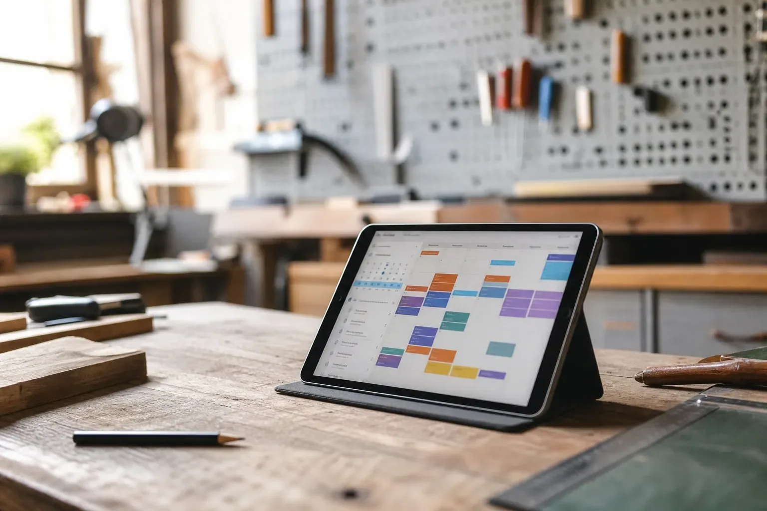 Atelier d’artisan avec une tablette sur un établi affichant un calendrier de formation itinérante