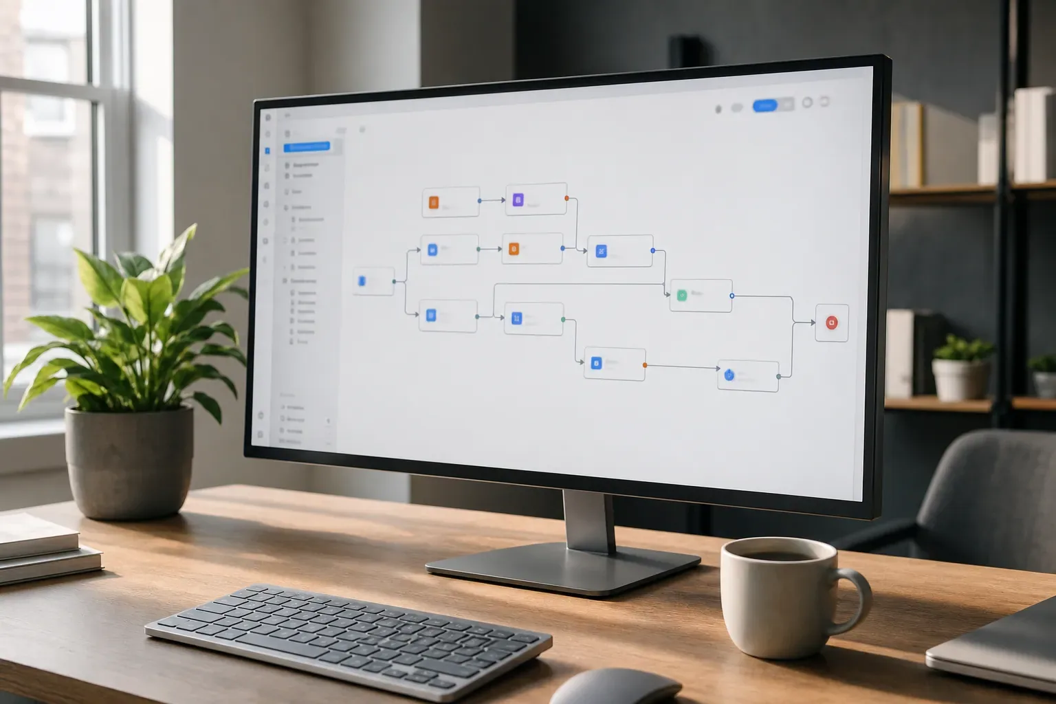 Écran de bureau affichant un schéma de flux d’automatisation avec des blocs reliés par des flèches