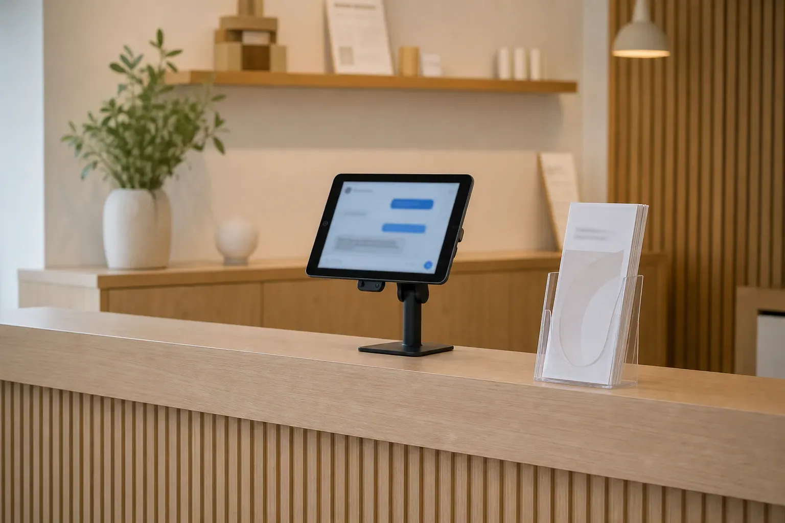 Comptoir d’accueil sobre avec une tablette affichant une fenêtre de conversation
