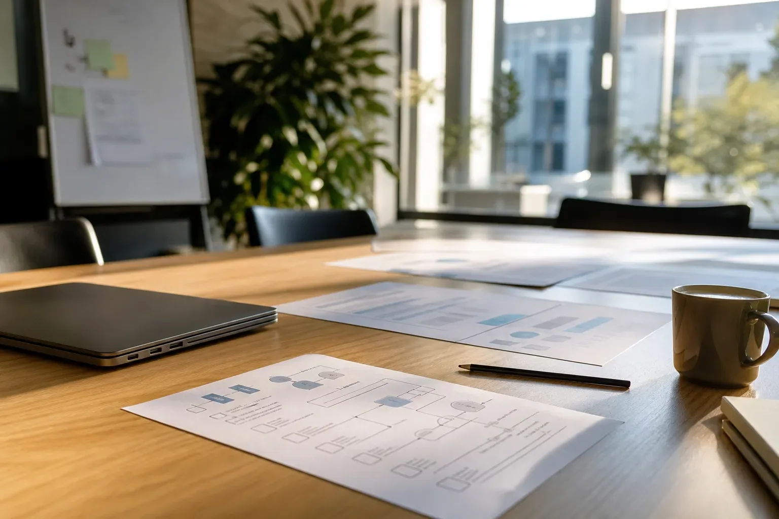 Table de réunion avec des feuilles de diagnostic imprimées et un ordinateur portable fermé