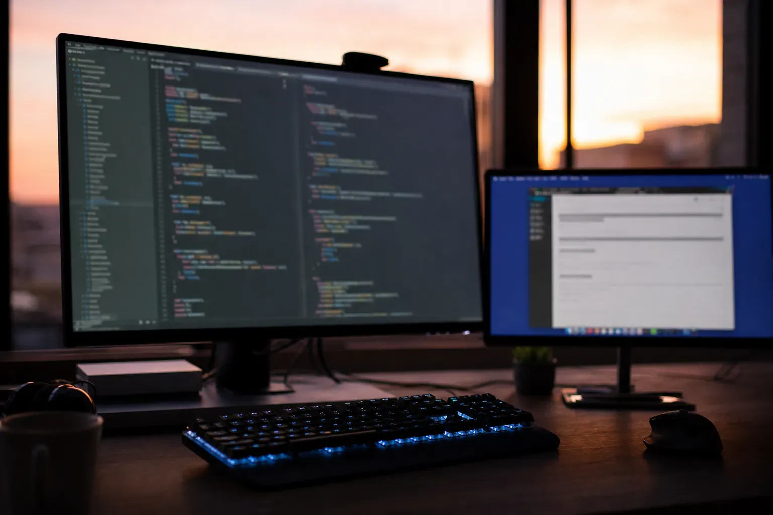 Écran affichant un éditeur de code avec coloration syntaxique, second écran de test à côté